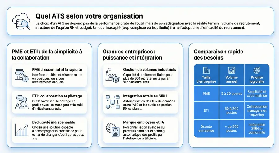 Infographie - Quel logiciel de recrutement choisir selon la typologie d'entreprise : tableau rapide pour recruteurs et RH